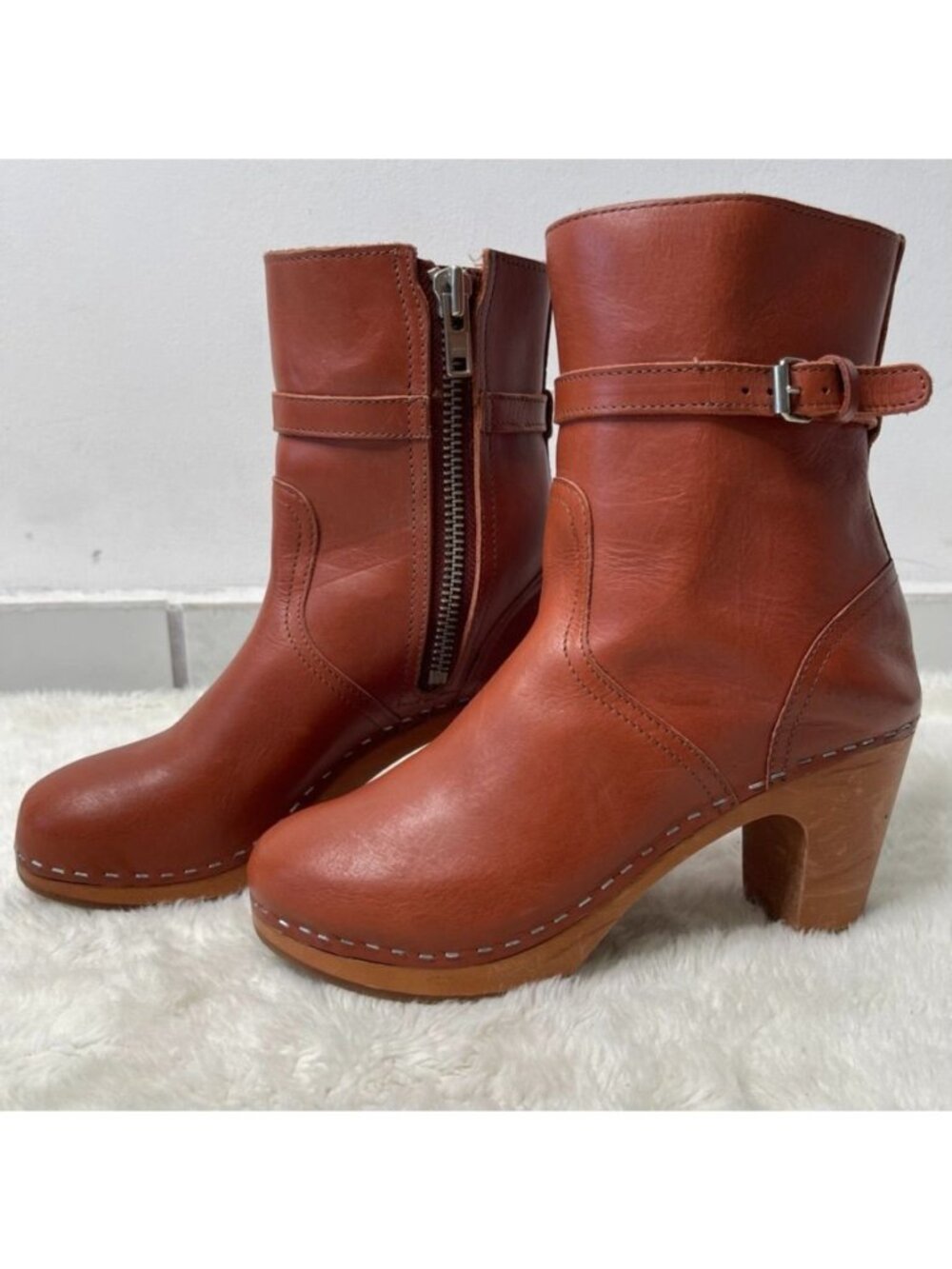 Swedish Hasbeens New Jodhpur Cognac Leather Clog Boots Wood Heel Size 39 / US 9